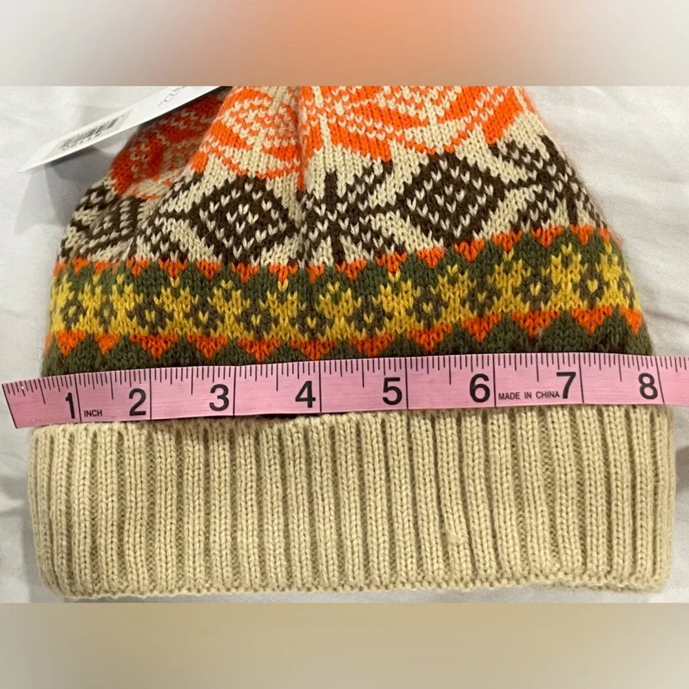 Jeanne Simmons Kids Fair Isle Beanie Winter Knit Hat‎ Pom Pom Orange Yellow NEW